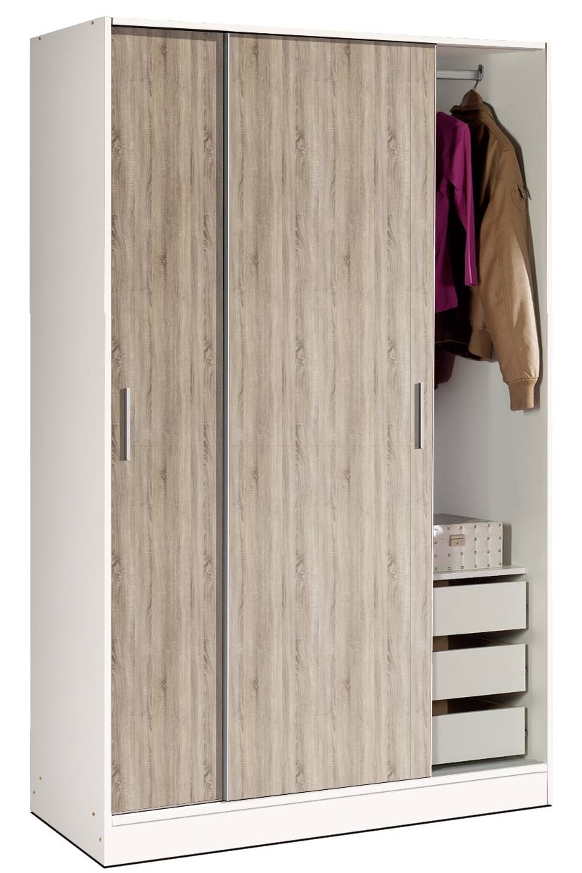 Armario blanco 2 puertas correderas color roble y cajonera 3 cajones. 200cm (alto) x 122cm (ancho)